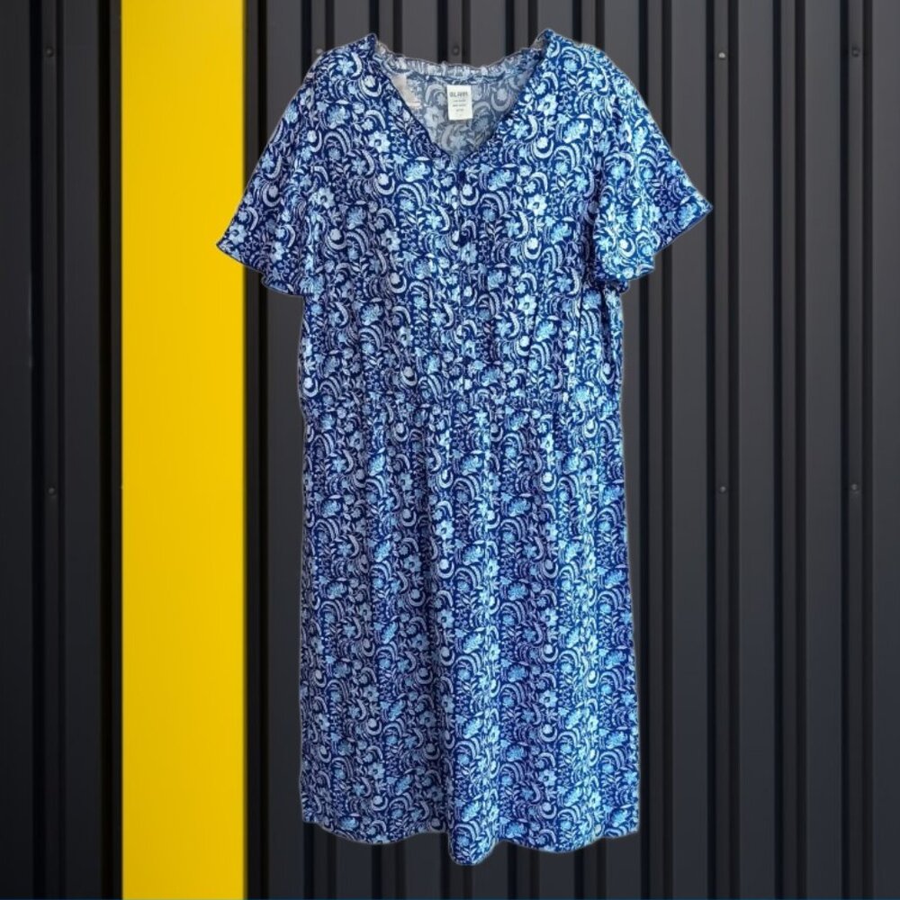 BLAIR Midi Dress Short Sleeves Elastic Waist Blue White Floral Size